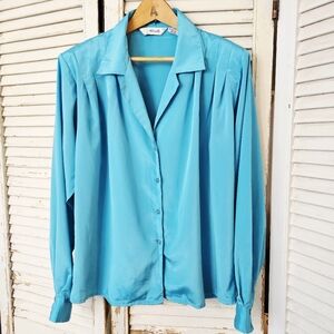 Vintage 80s Turquoise Blue Pleated Blouse S/M